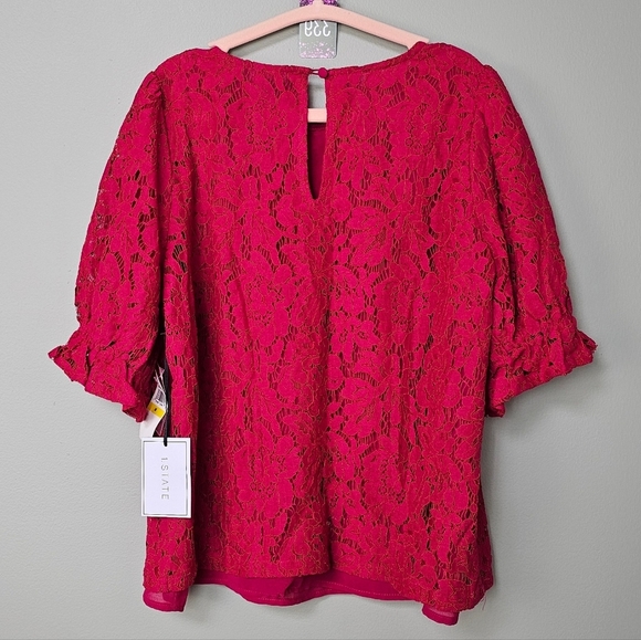 1.State Women's Lace Ruffle Puff Sleeve Top Wineberry Red Pink Floral Size MED - Picture 4 of 8